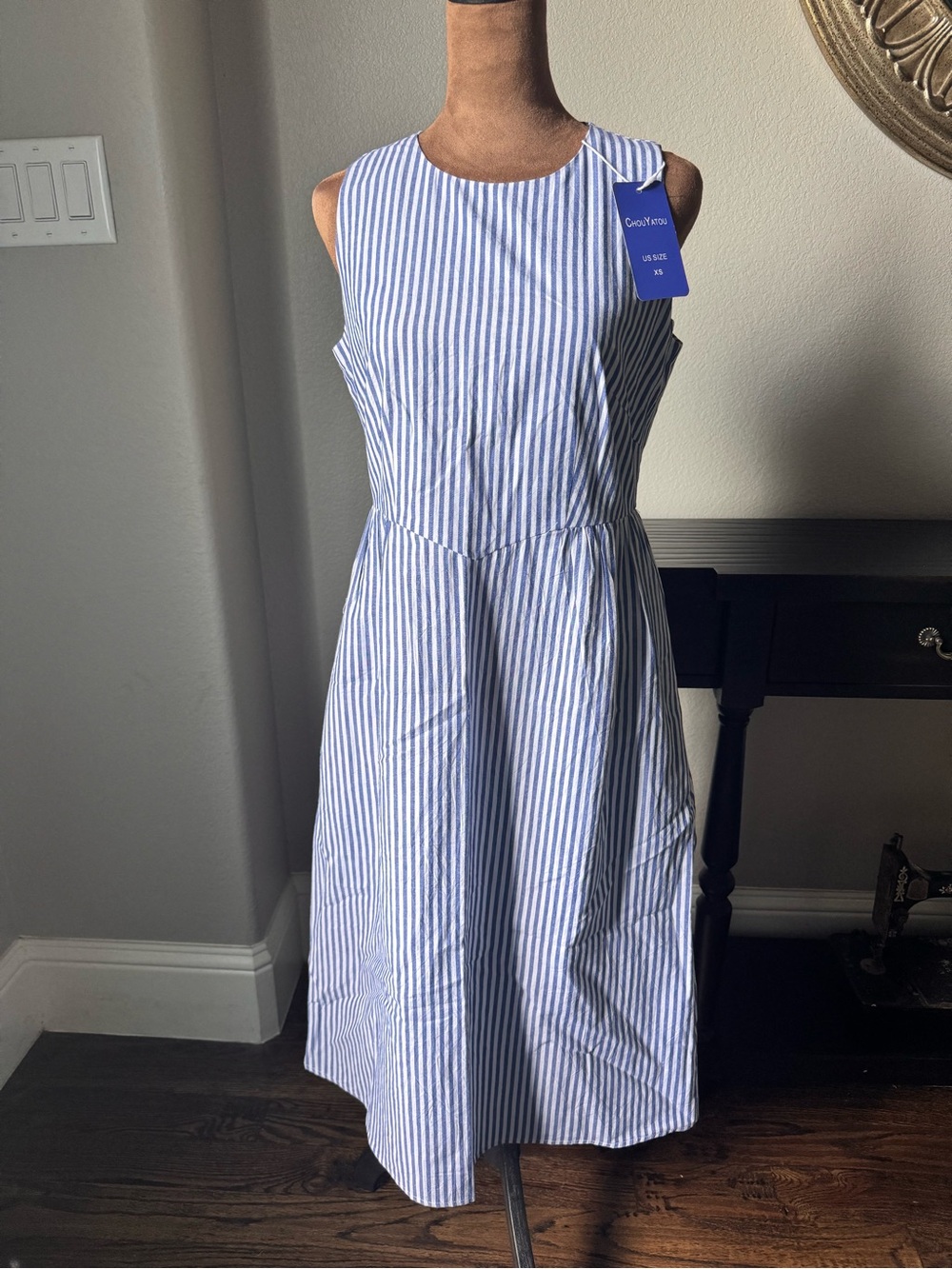 NWT Blue White Striped Cotton Midi Dress XS Pockets